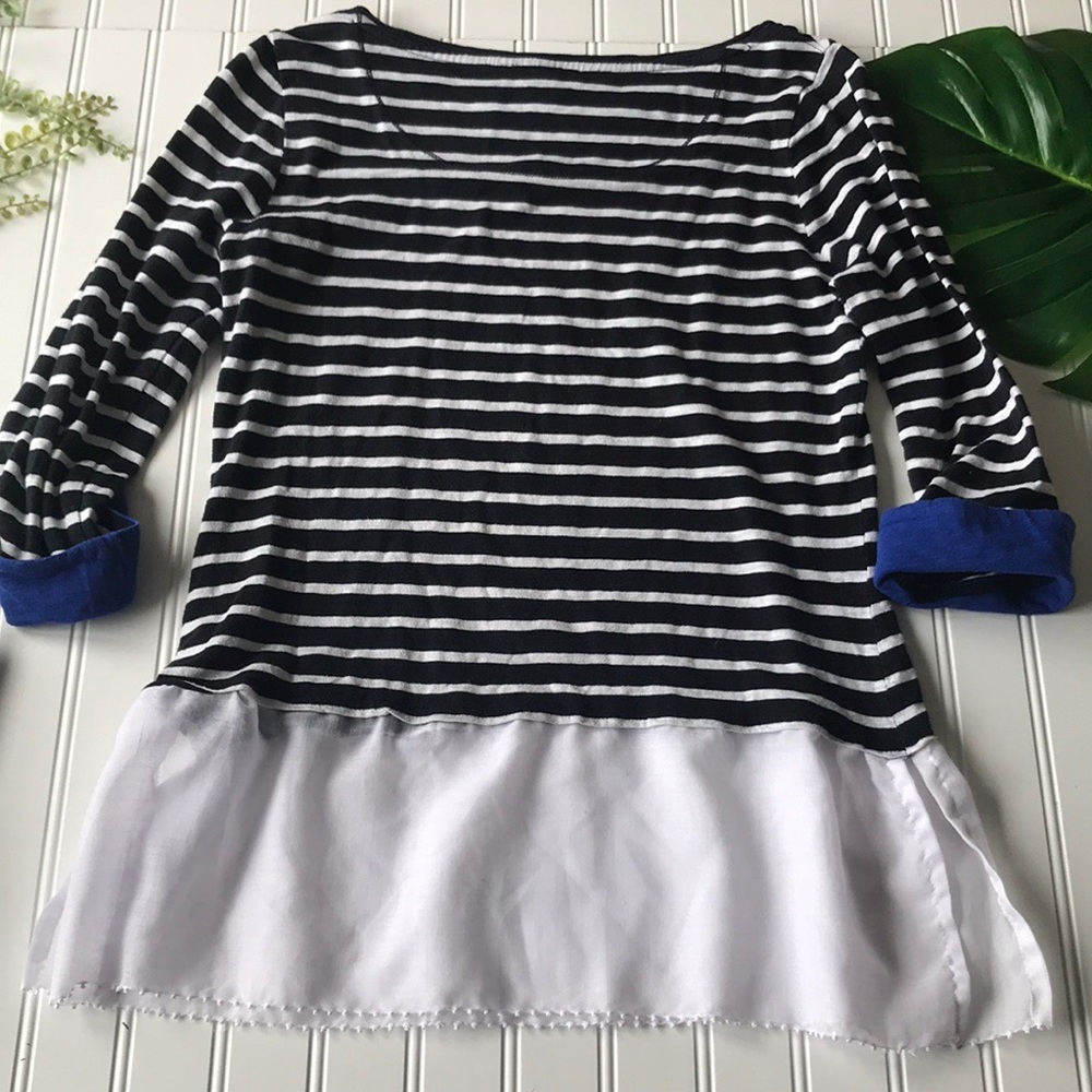 Black white striped tunic top blue hem sleeve - Picture 5 of 8